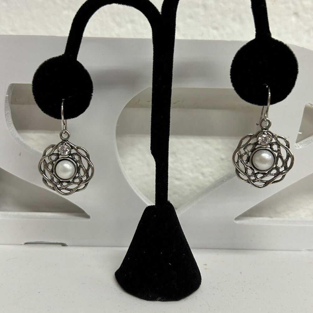 Didae Shablool Pearl CZ Modernist Dangle Earrings 925 Sterling Silver Signed
